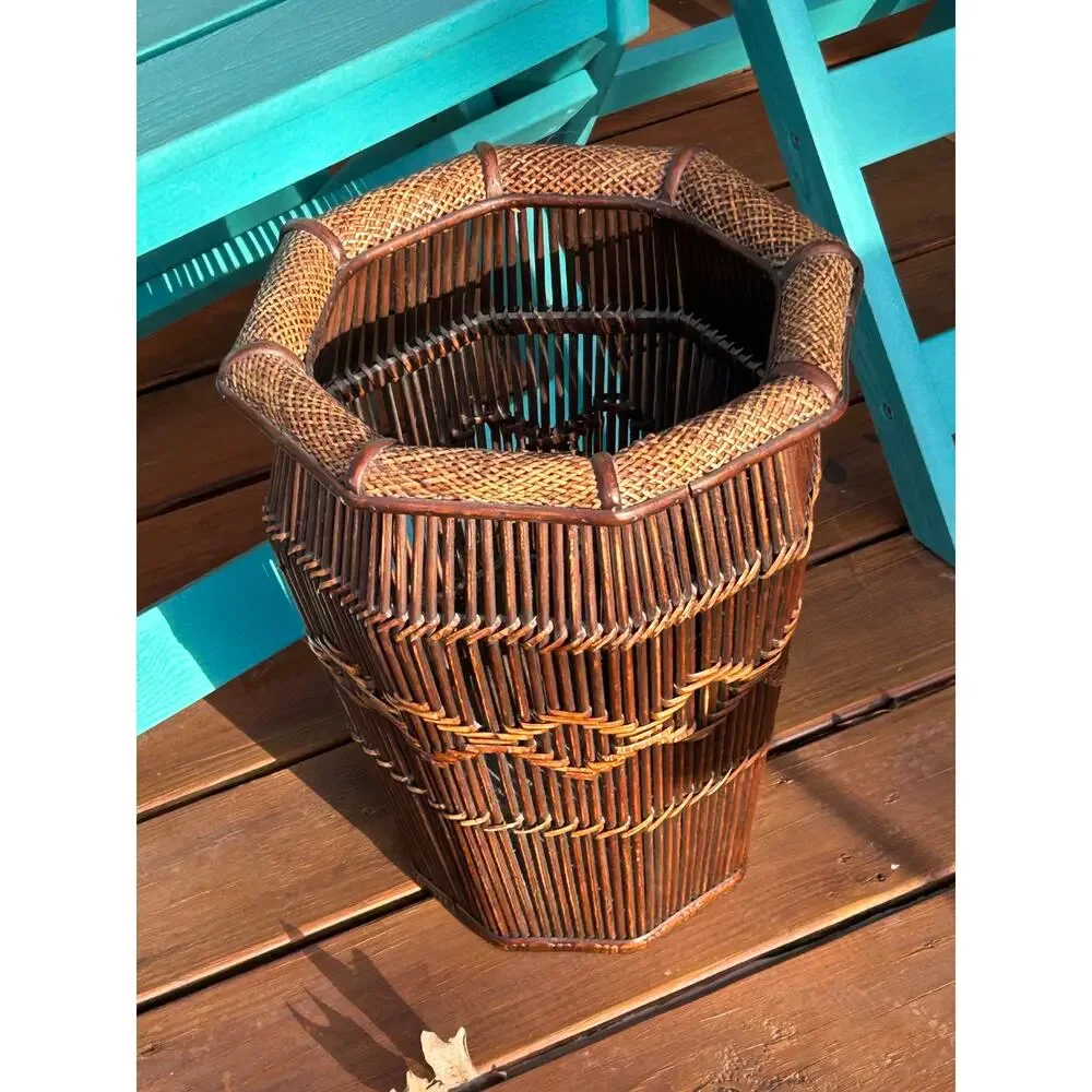 Vintage MCM Bamboo Rattan Umbrella Stand Boho Wicker Floor Basket Vase Planter